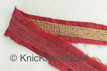 Black / Red Art Silk Fabric Trim With Gold Bugle Beads Embellishments And Gold Embroidery, Beaded Trim,